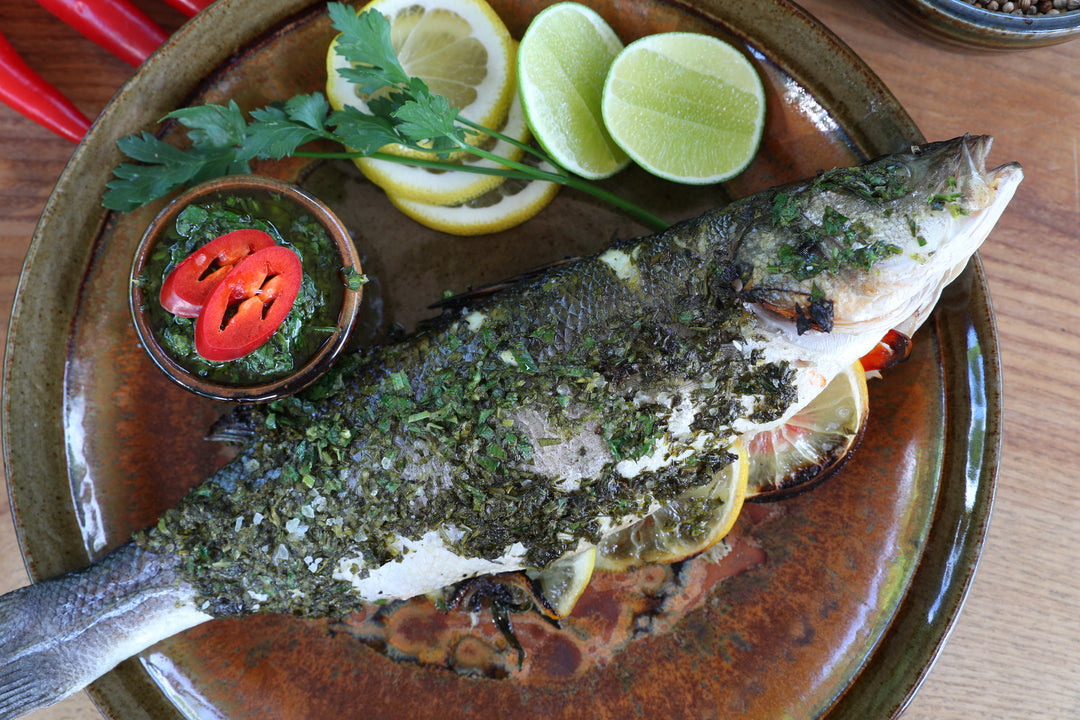 GRILLED WHOLE BASS with CHIMICHURRI