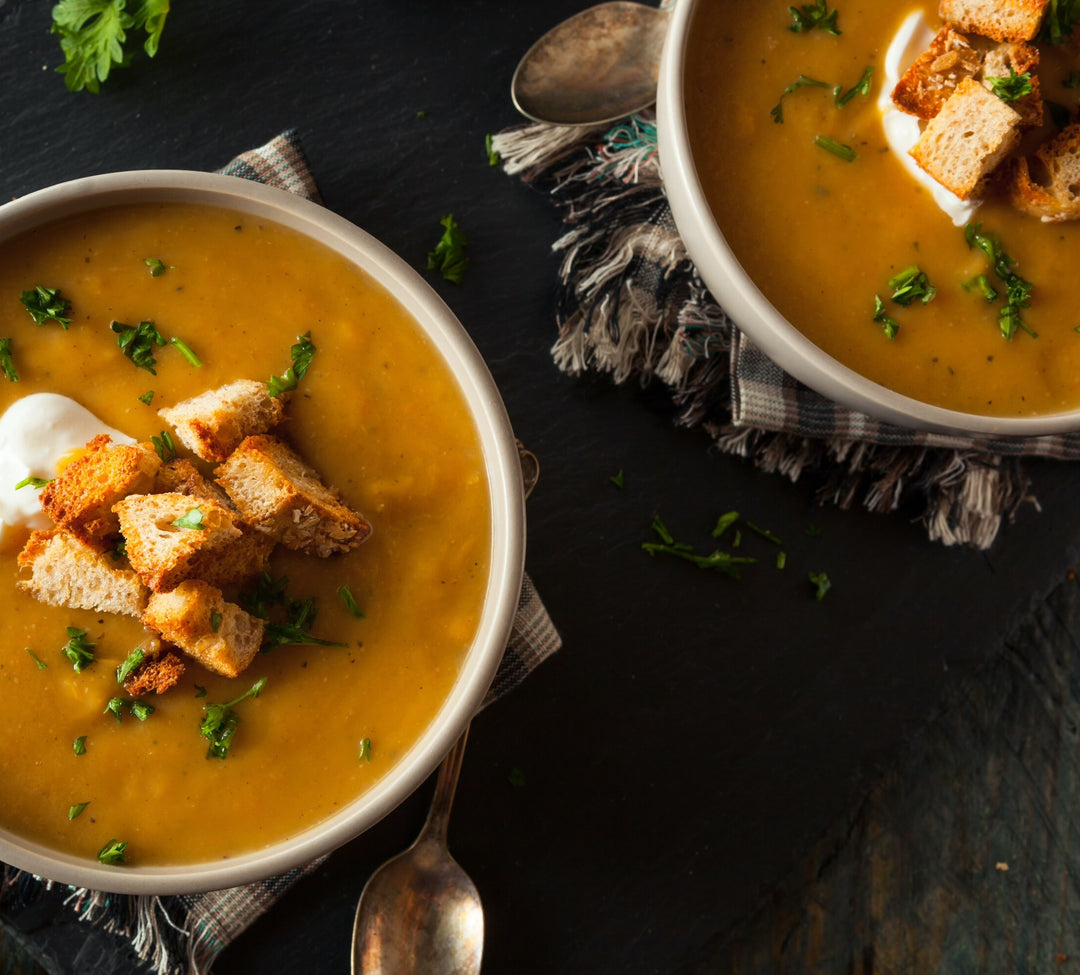 Roasted Butternut Squash Soup With Chili Maple Patina Spiced Walnuts And Roquefort